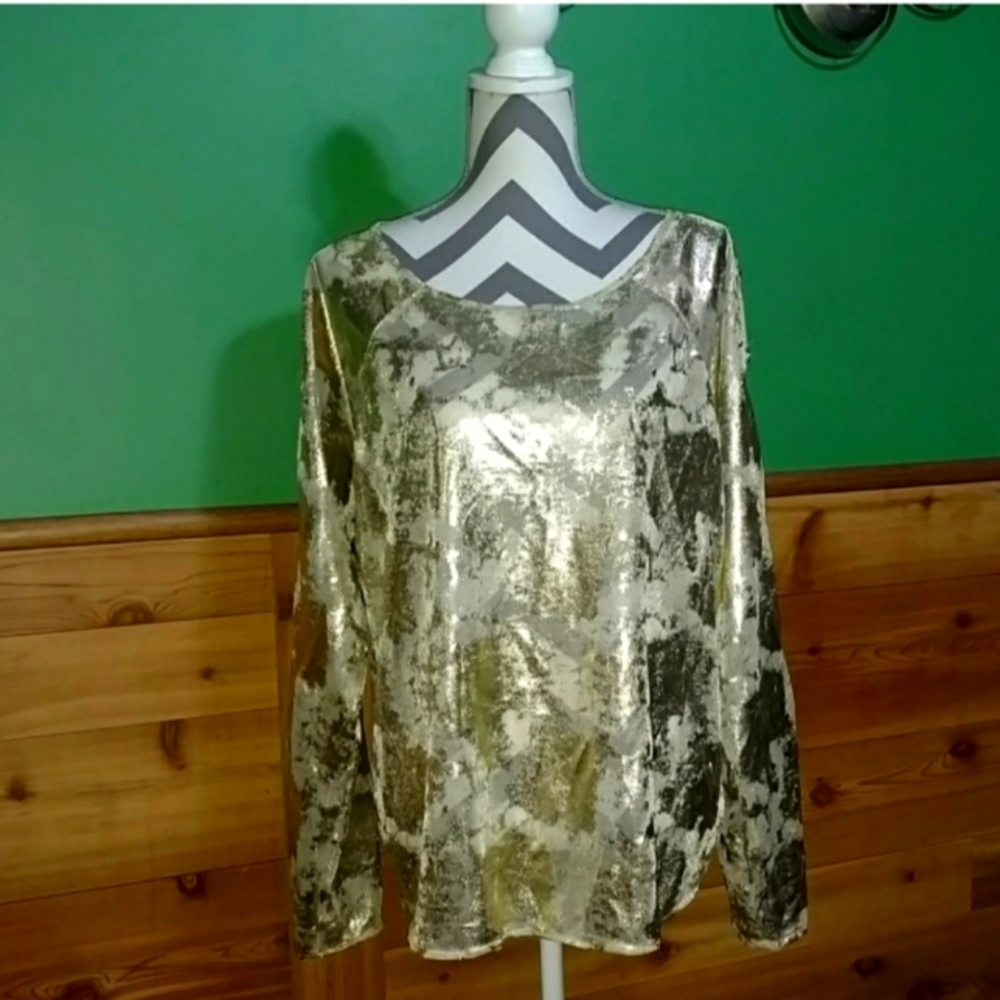 Ashley Stewart Cream and Gold Oversized Embellished Blouse
